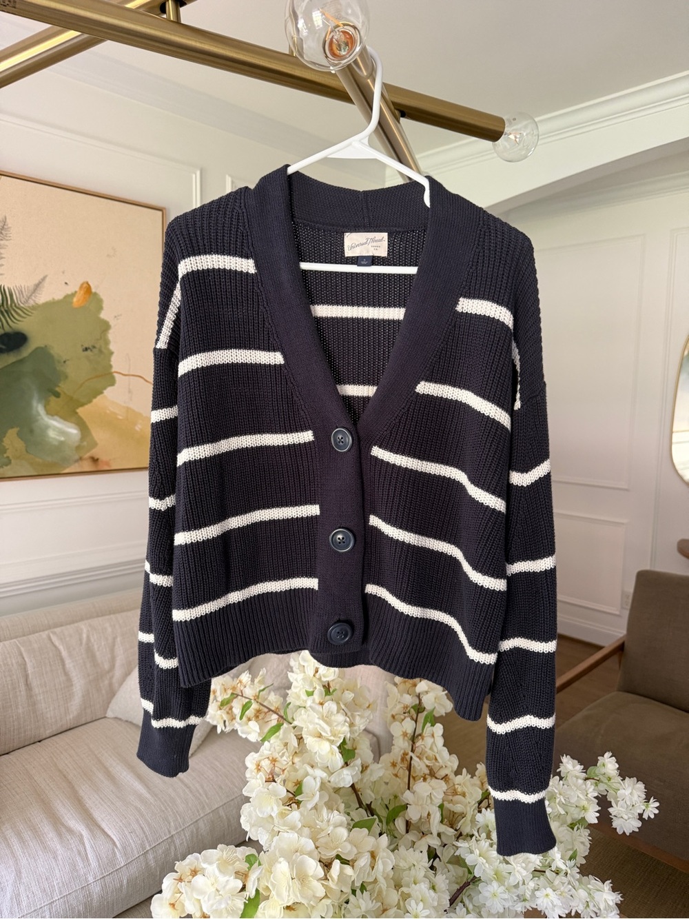 Navy & White Striped Cropped Fisherman V-Neck Cardigan
